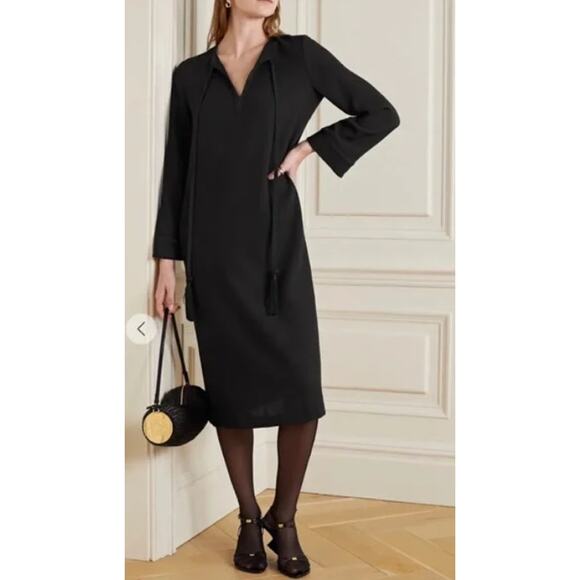 Nili Lotan Zita Tie- Detailed Midi‎ Dress 100% Virgin Wool Midi Style Black XS - Picture 1 of 8